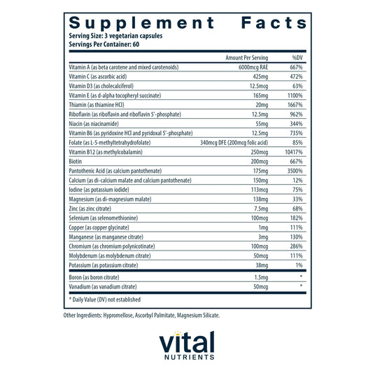 Vital Nutrients Multi-Nutrients 2 capsules closeup highlighting small vegetarian capsules