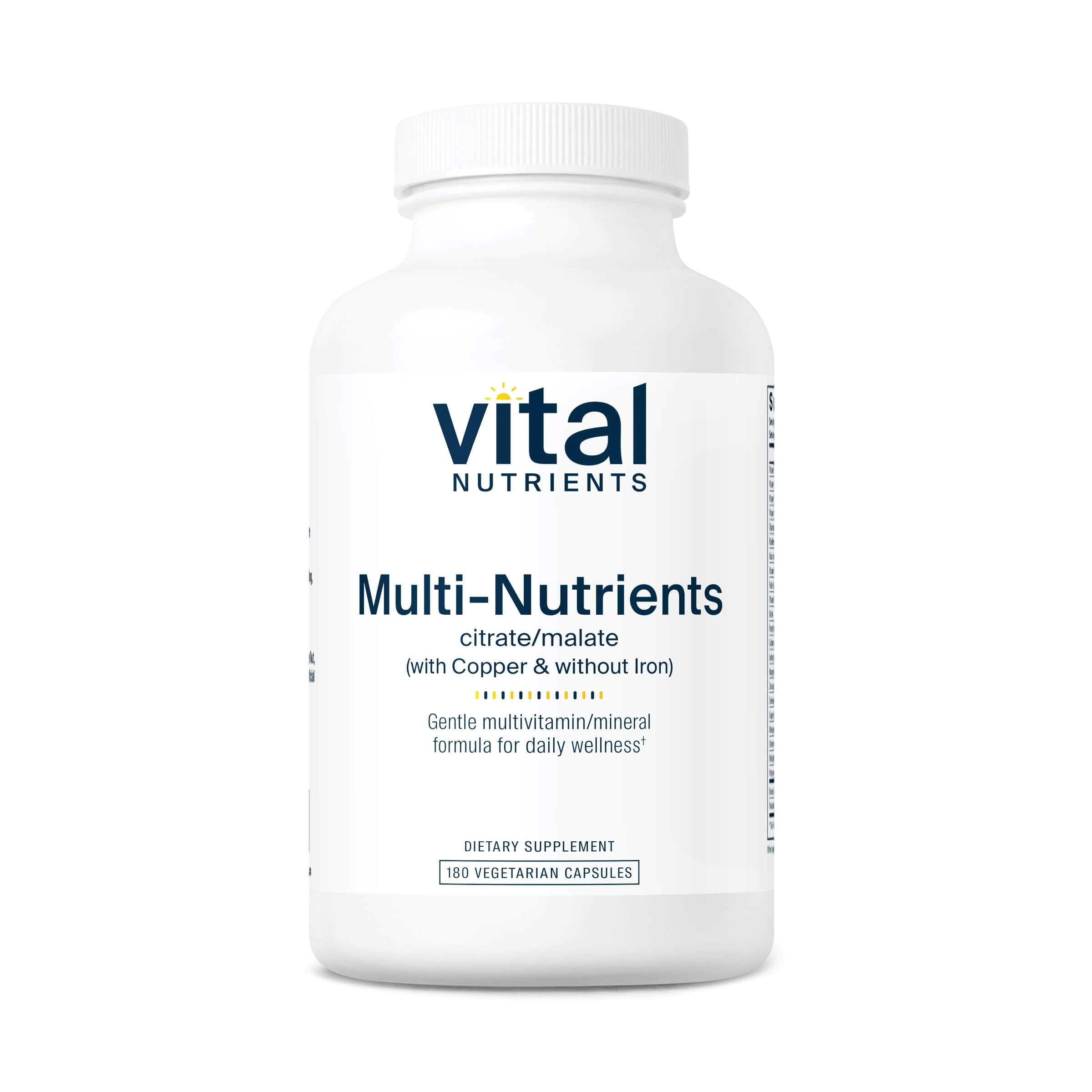 Vital Nutrients Multi-Nutrients 2 bottle label shows a clean, hypoallergenic formula for daily wellness
