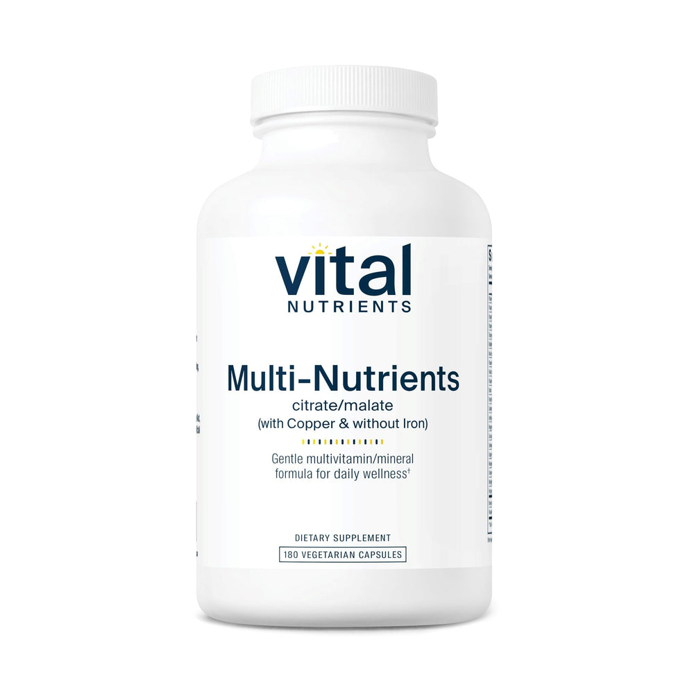 Vital Nutrients Multi-Nutrients 2 bottle label shows a clean, hypoallergenic formula for daily wellness