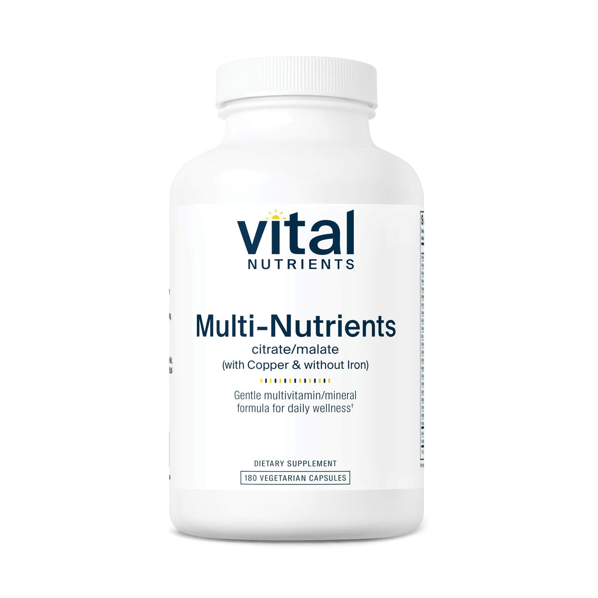 Vital Nutrients Multi-Nutrients 2 bottle label shows a clean, hypoallergenic formula for daily wellness