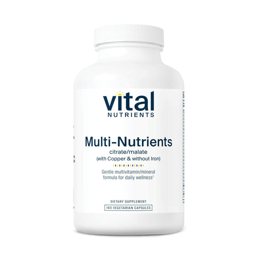 Vital Nutrients Multi-Nutrients 2 bottle label shows a clean, hypoallergenic formula for daily wellness