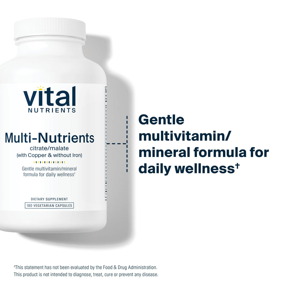 Vital Nutrients Multi-Nutrients 2 ingredient list emphasizes citrate/malate minerals and copper