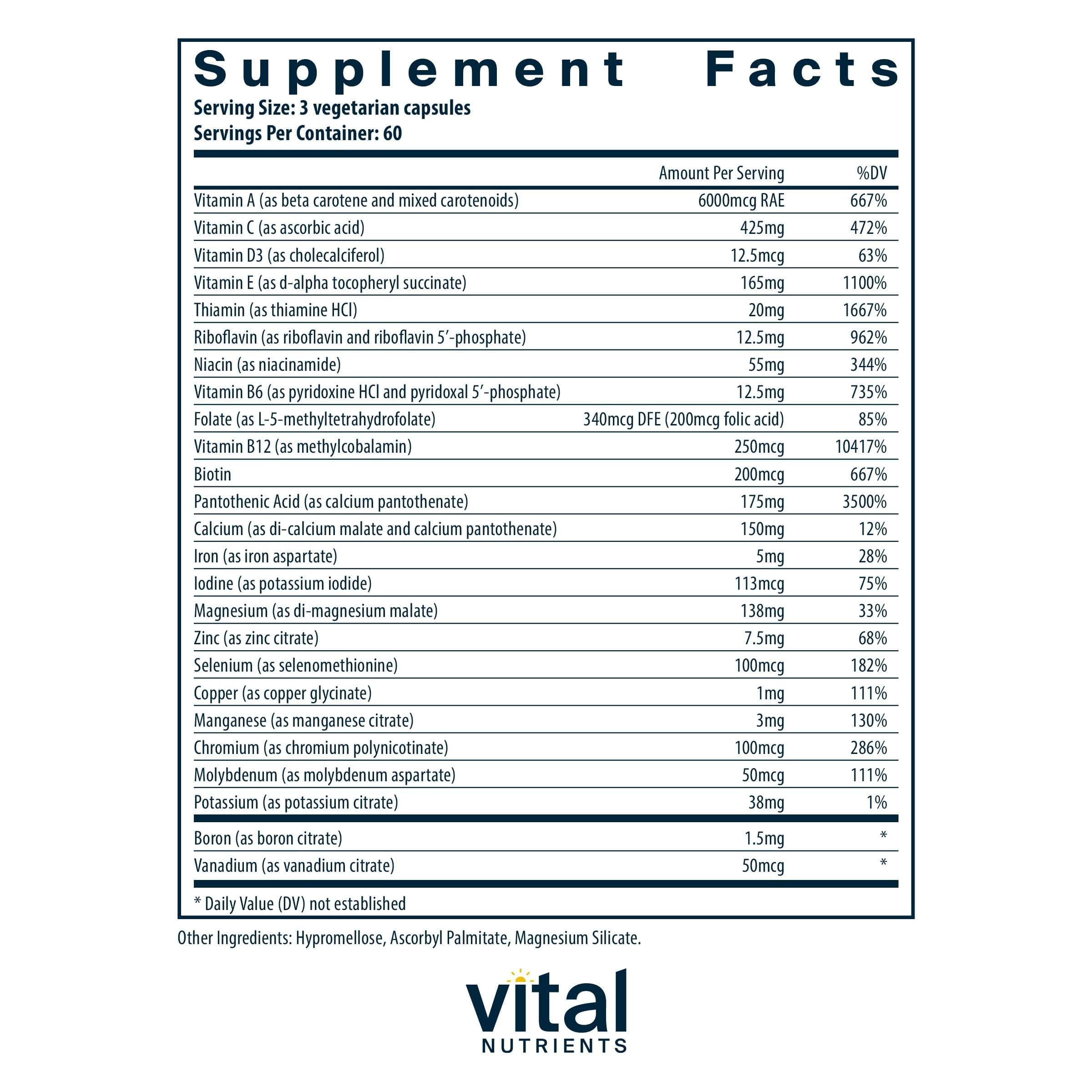 Vital Nutrients Multi-Nutrients 4 capsules closeup highlights bioavailable minerals