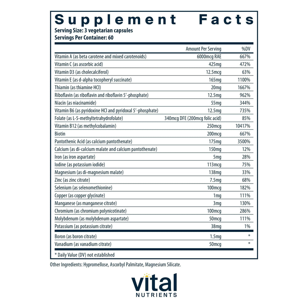 Vital Nutrients Multi-Nutrients 4 capsules closeup highlights bioavailable minerals