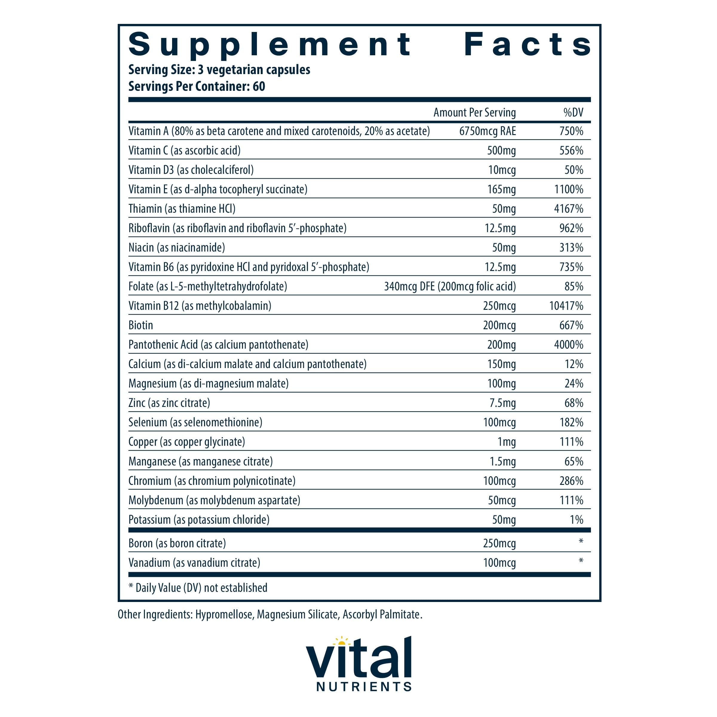 Vital Nutrients Multi-Nutrients capsules-closeup highlights plant-based multivitamin benefits.