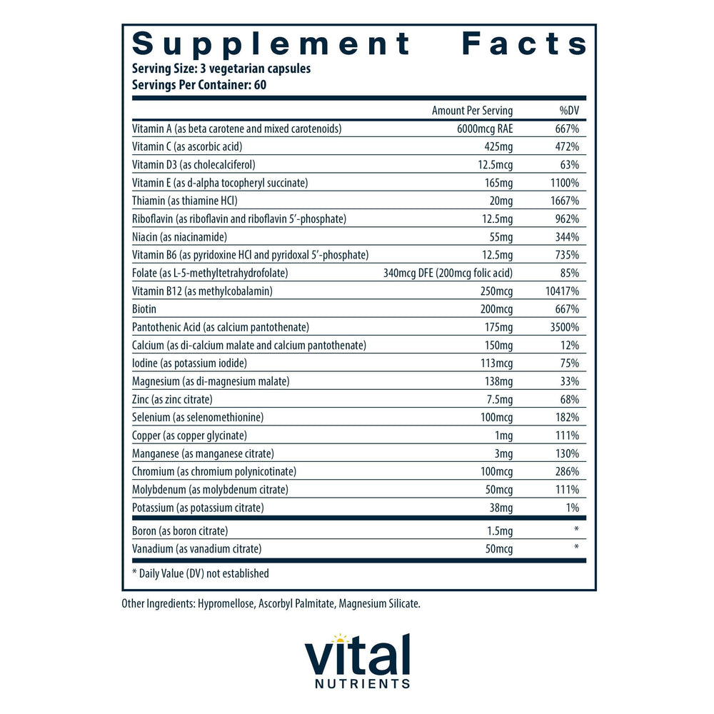 Vital Nutrients Multi-Nutrients capsules close-up with citrate malate formula.
