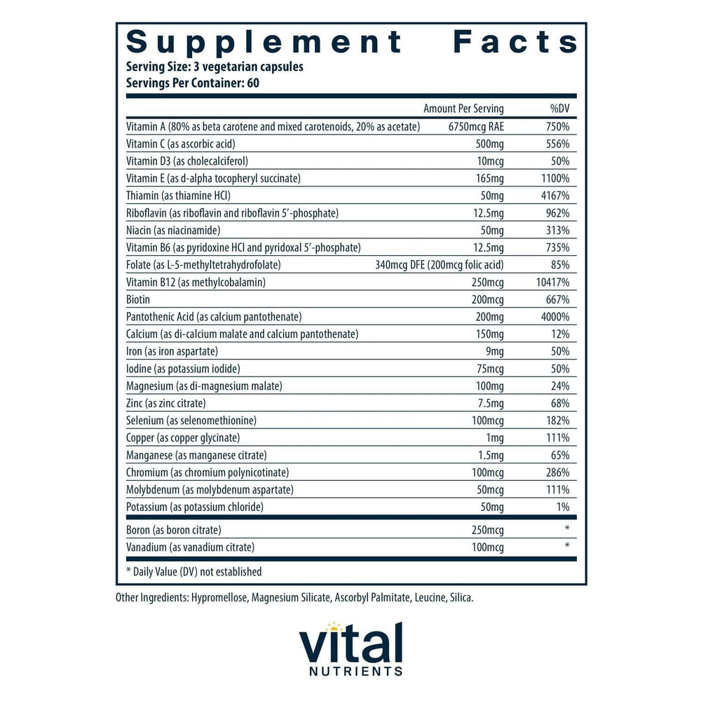 Vital Nutrients Multi-Nutrients label highlighting iron and iodine for balanced nutrition