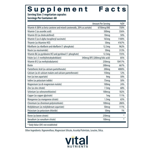 Vital Nutrients Multi-Nutrients label highlighting iron and iodine for balanced nutrition