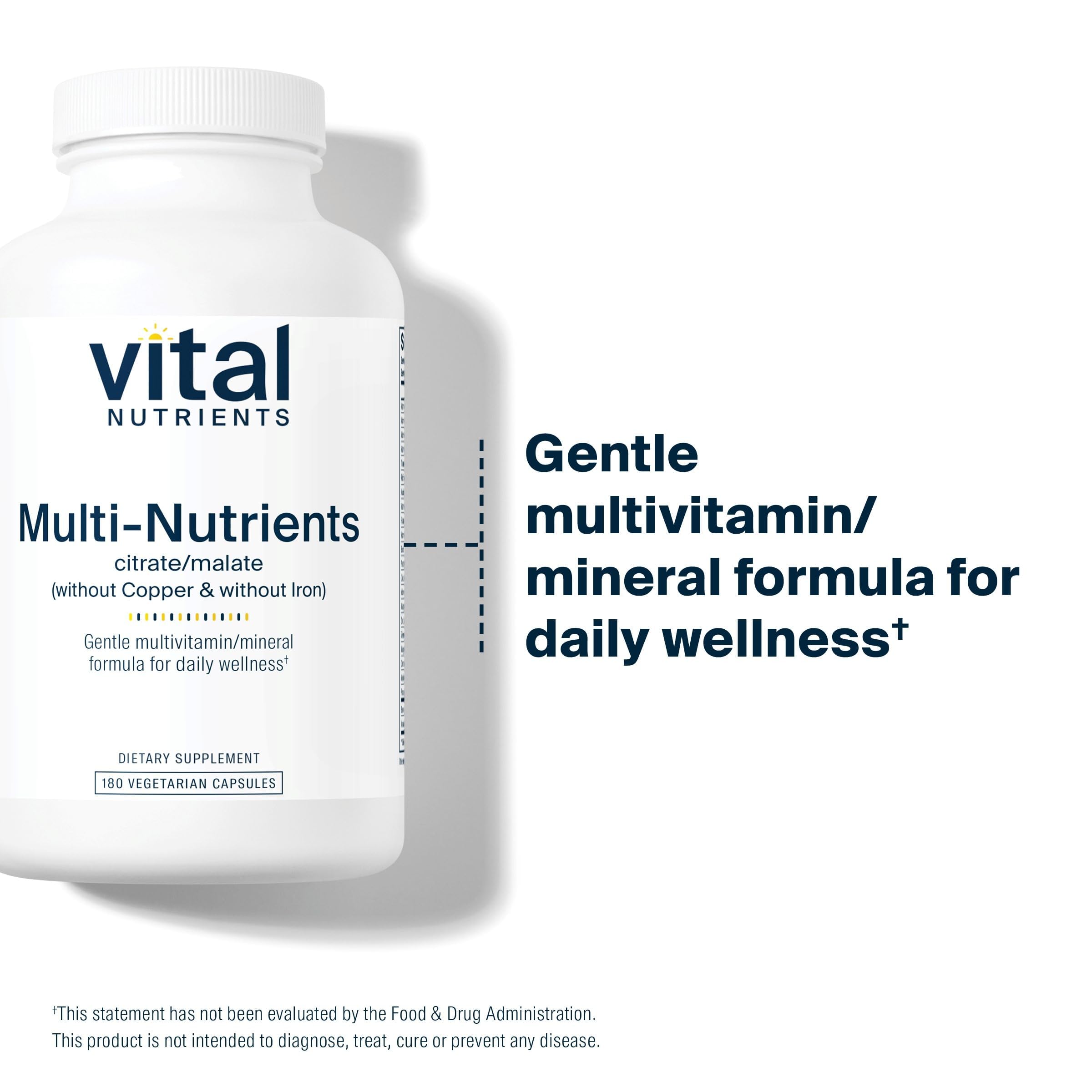 Vital Nutrients Multi-Nutrients label close-up showing gluten-free and non-GMO features.