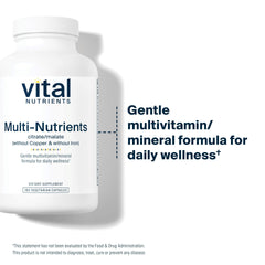 Vital Nutrients Multi-Nutrients label close-up showing gluten-free and non-GMO features.