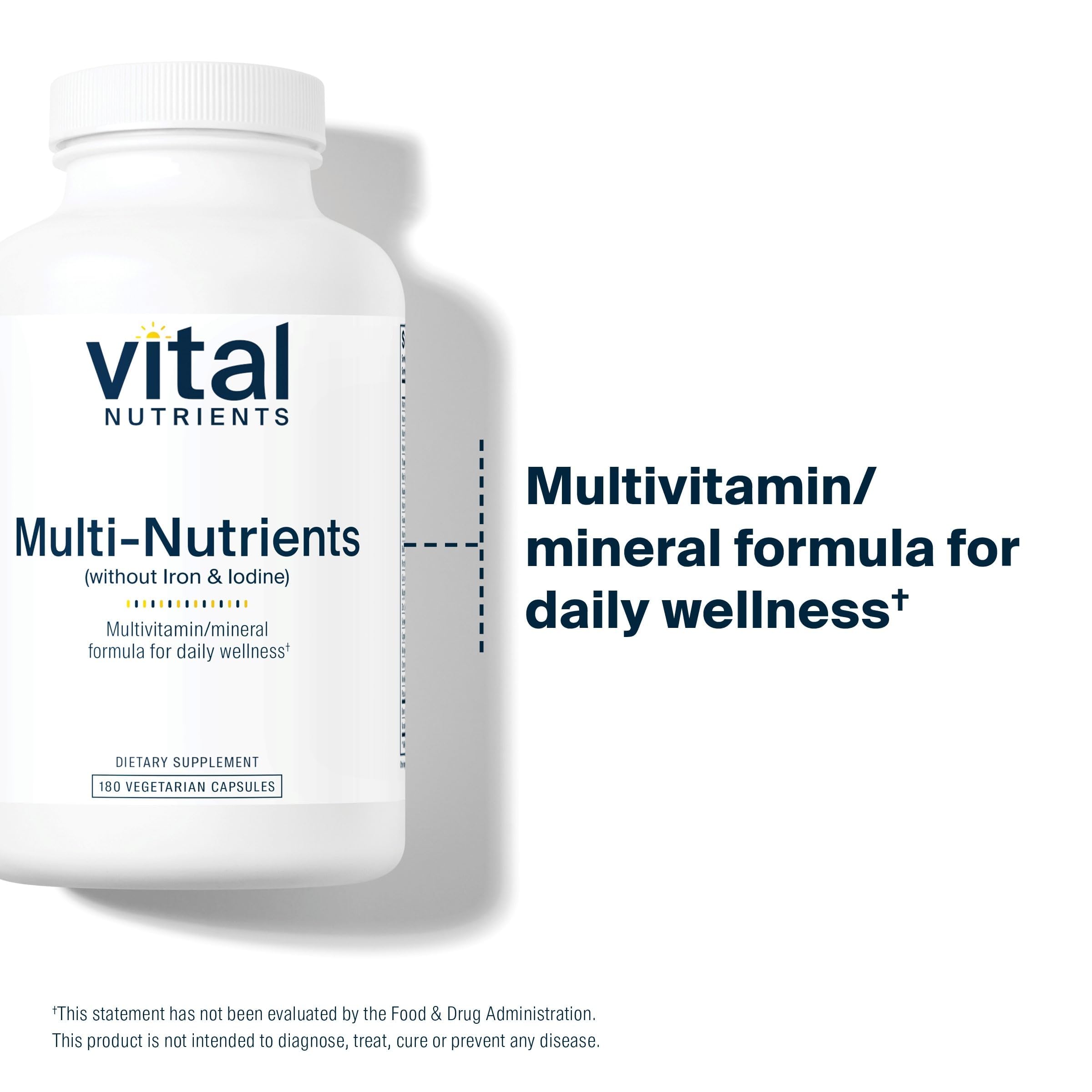 Vital Nutrients Multi-Nutrients label-detail shows iron-free and iodine-free formula.