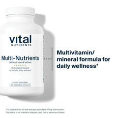 Vital Nutrients Multi-Nutrients label-detail shows iron-free and iodine-free formula.