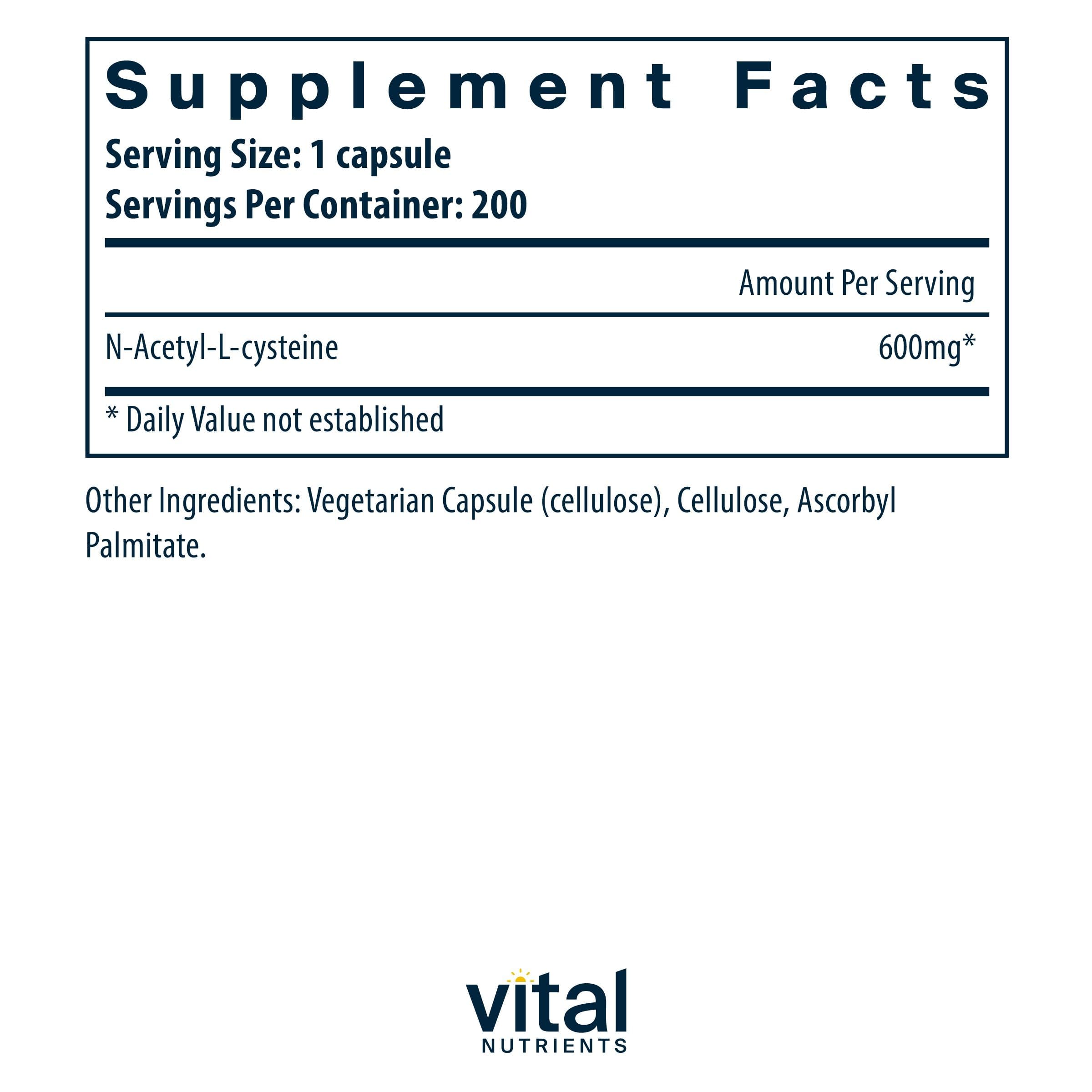 Vital Nutrients NAC 600mg capsules closeup showing vegan and allergen-free formula