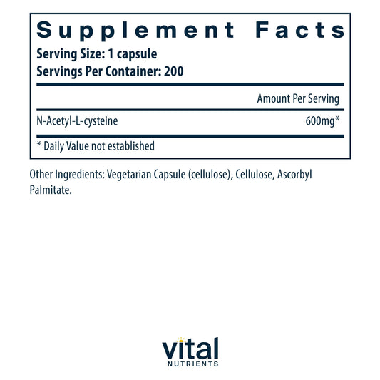 Vital Nutrients NAC 600mg capsules closeup showing vegan and allergen-free formula