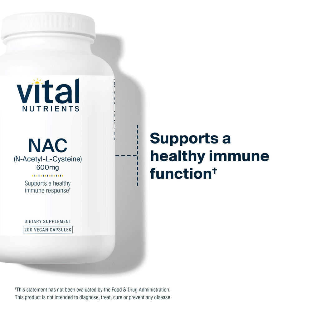 Vital Nutrients NAC 600mg nutrition facts highlights gluten-free, dairy-free, soy-free