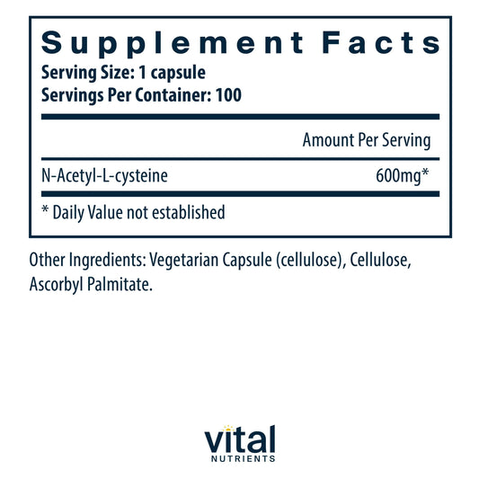 Vital Nutrients NAC bottle with cap open showing easy-to-swallow capsules