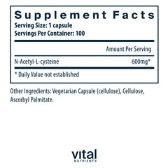 Vital Nutrients NAC bottle with cap open showing easy-to-swallow capsules