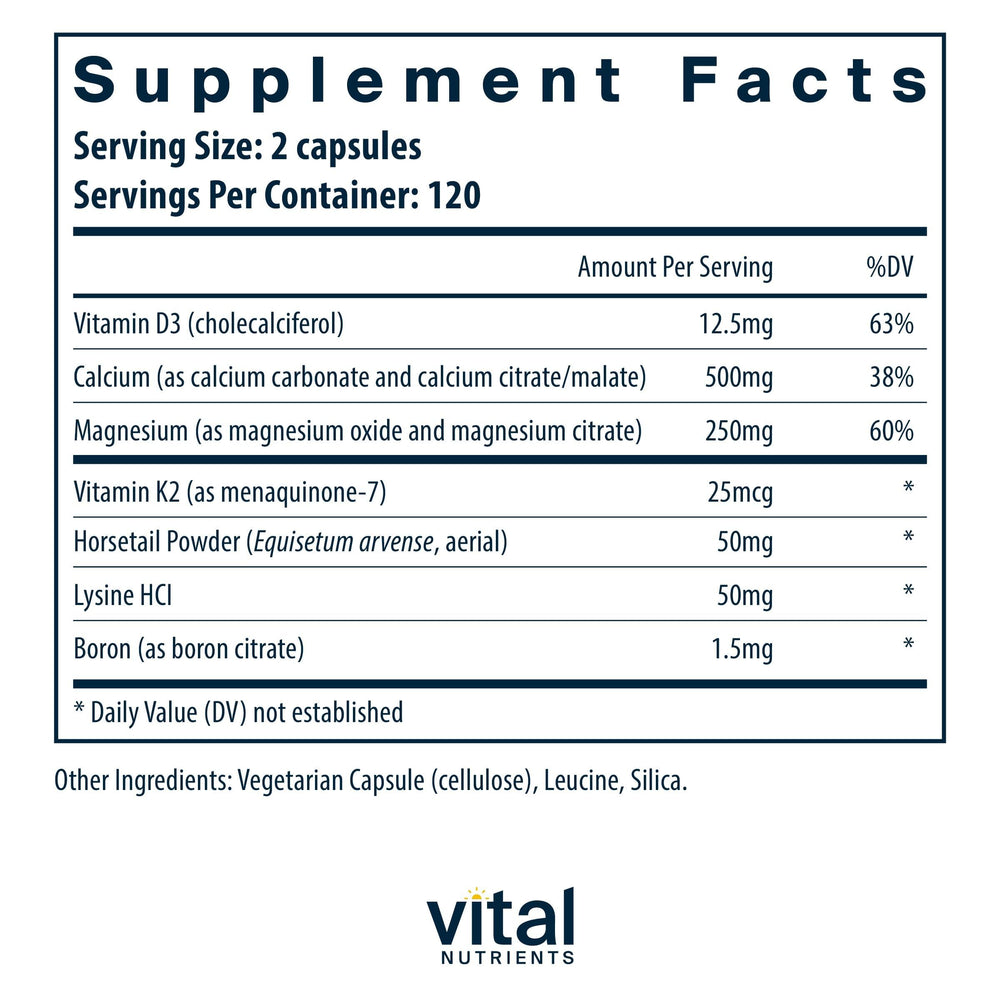 Vital Nutrients Osteo-Nutrients II label close-up showing vitamin K2 and D3 for bone health.