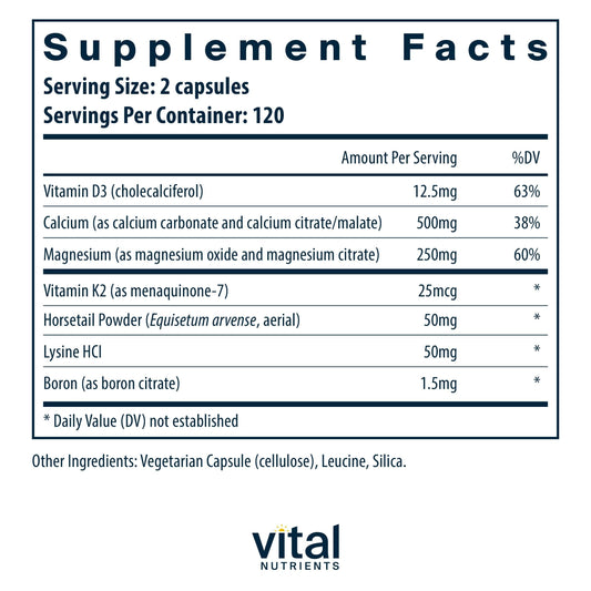 Vital Nutrients Osteo-Nutrients II label close-up showing vitamin K2 and D3 for bone health.