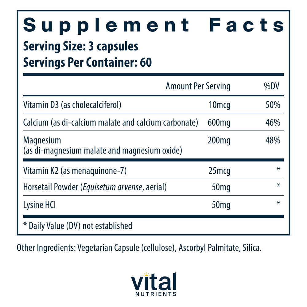 Vital Nutrients Osteo-Nutrients label highlights vitamin K2-7 and D3 for bone support.