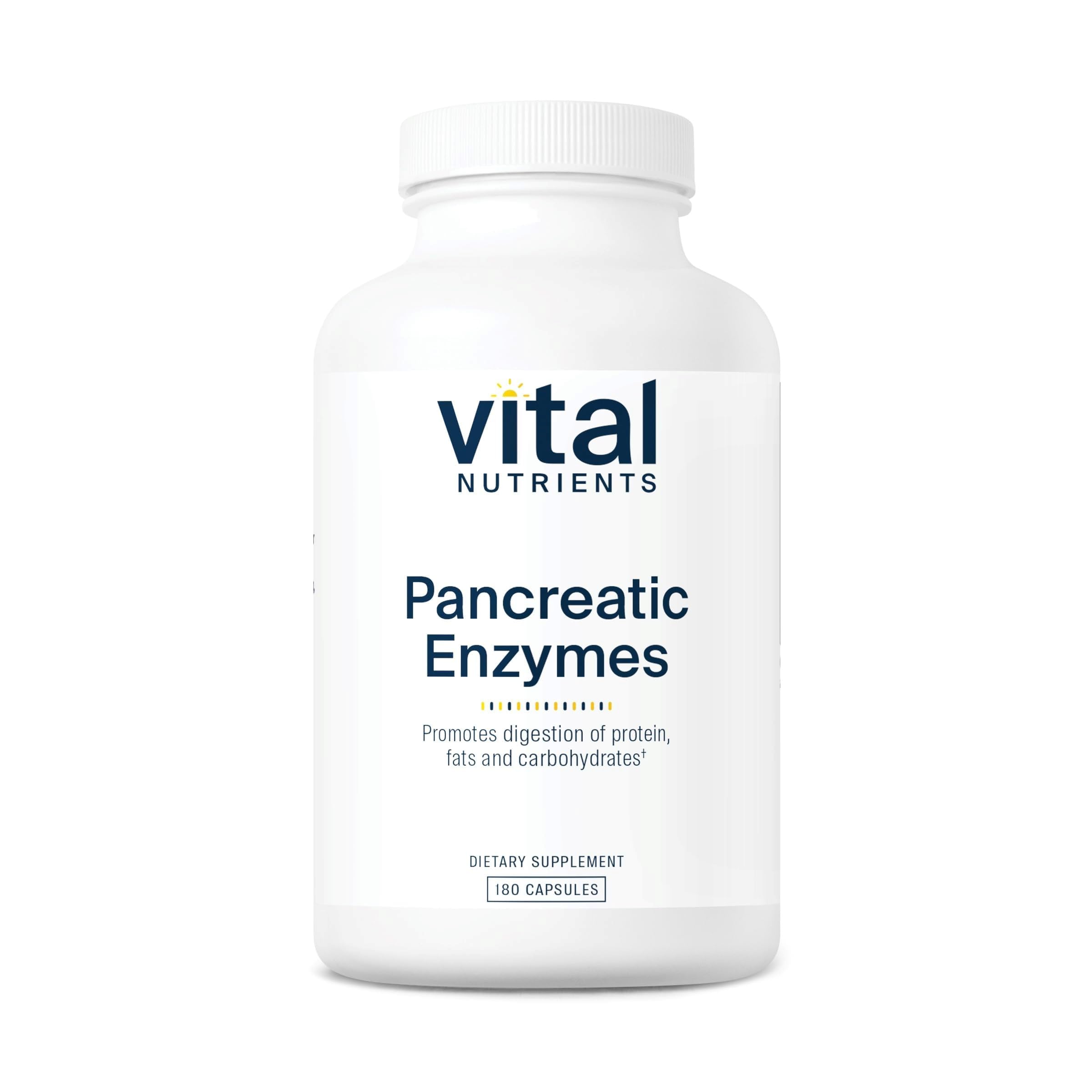 Vital Nutrients Pancreatic Enzymes bottle packshot showing full-strength formula for digestion support.