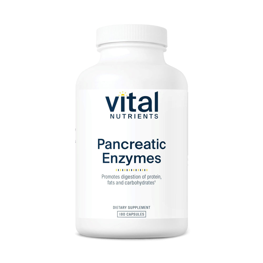 Vital Nutrients Pancreatic Enzymes bottle packshot showing full-strength formula for digestion support.
