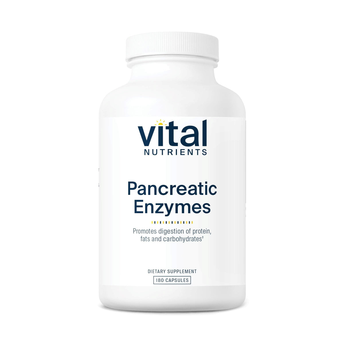 Vital Nutrients Pancreatic Enzymes bottle packshot showing full-strength formula for digestion support.
