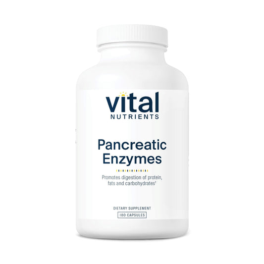 Vital Nutrients Pancreatic Enzymes bottle packshot showing full-strength formula for digestion support.