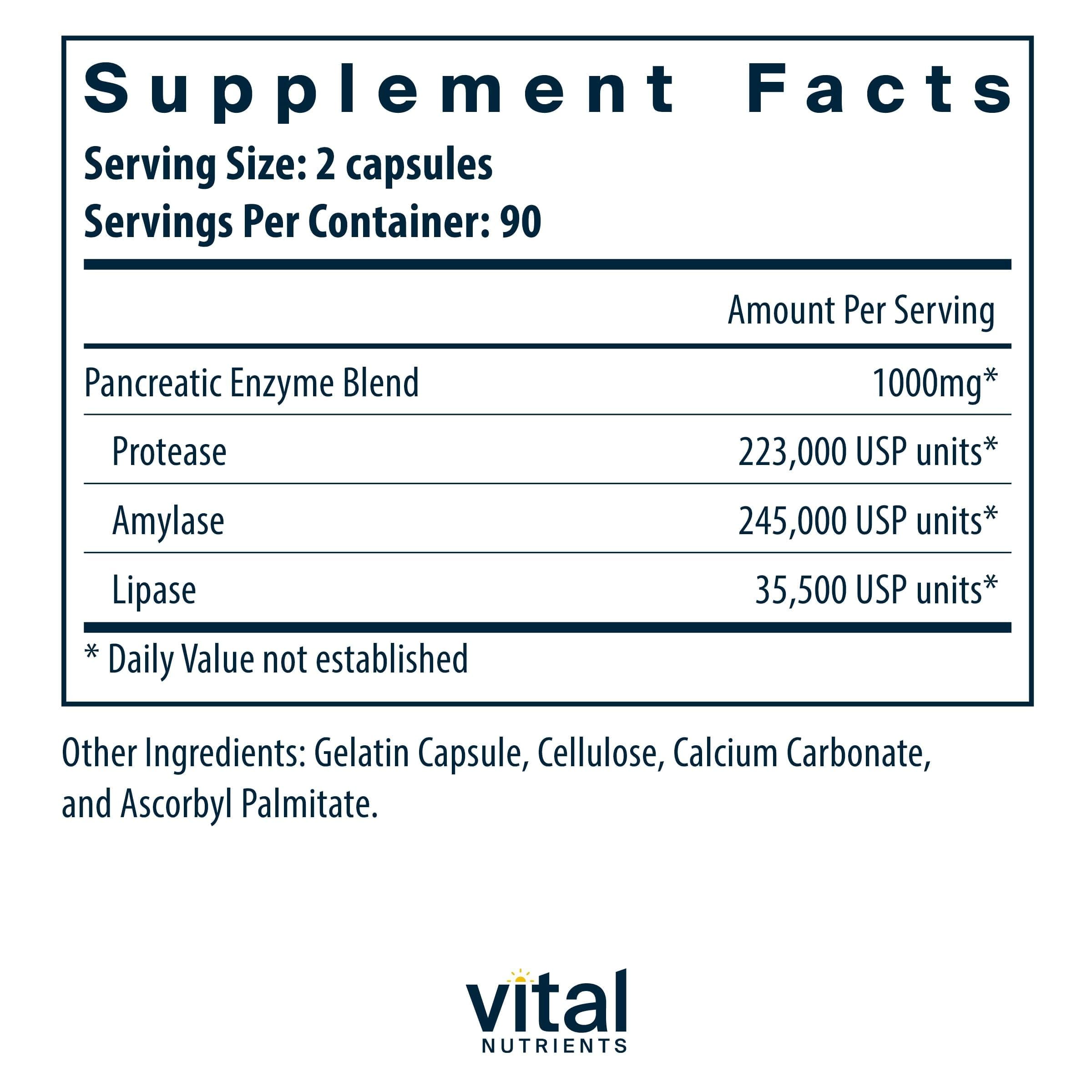 Close-up of Vital Nutrients Pancreatic Enzymes capsules highlighting the lactose-free formula.