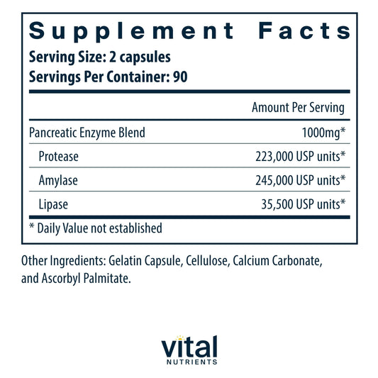 Close-up of Vital Nutrients Pancreatic Enzymes capsules highlighting the lactose-free formula.