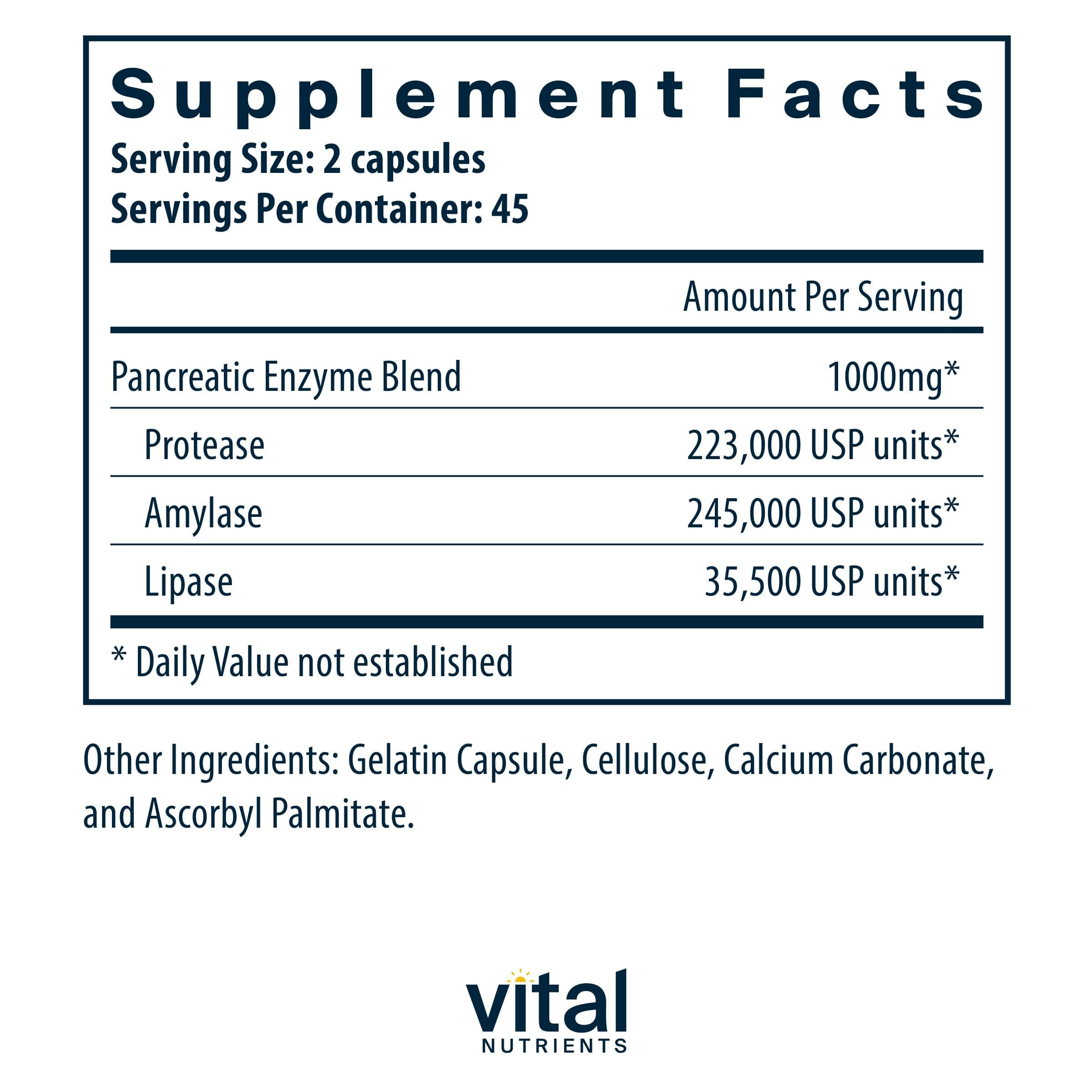 Vital Nutrients Pancreatic Enzymes label closeup highlighting protease and lipase enzymes