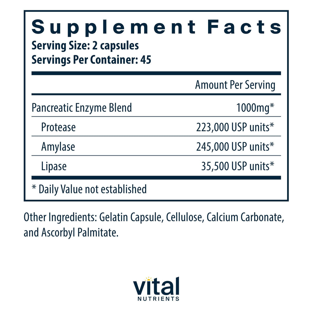 Vital Nutrients Pancreatic Enzymes label closeup highlighting protease and lipase enzymes