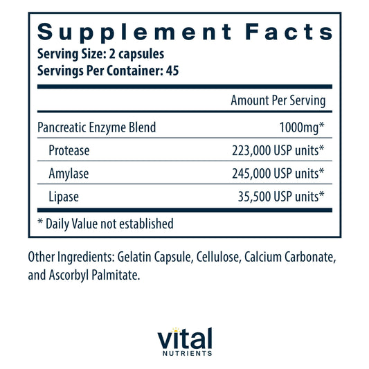 Vital Nutrients Pancreatic Enzymes label closeup highlighting protease and lipase enzymes
