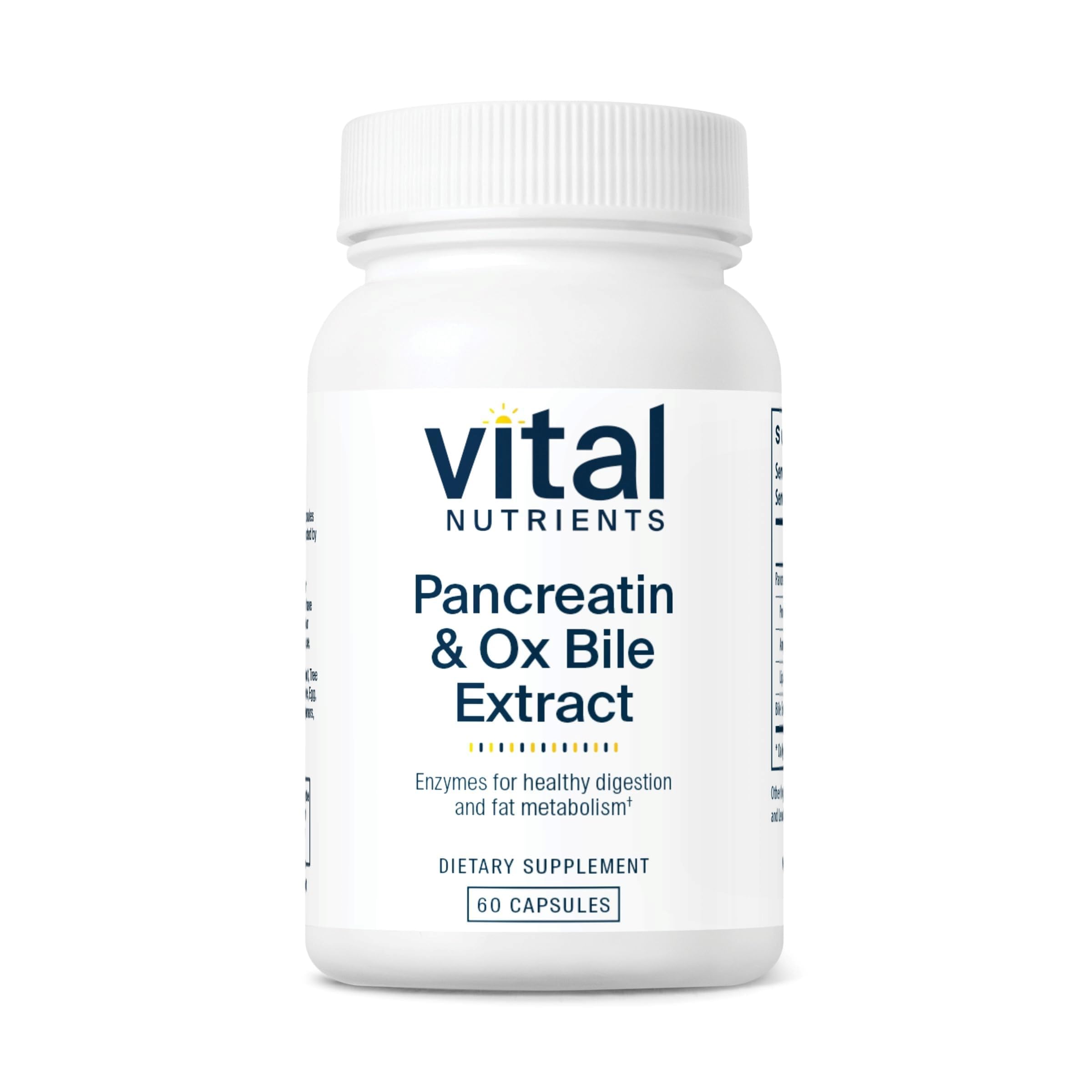 Vital Nutrients Pancreatin & Ox Bile 500mg bottle front for balanced digestion after meals