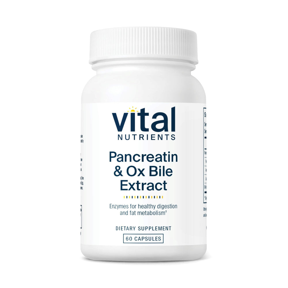 Vital Nutrients Pancreatin & Ox Bile 500mg bottle front for balanced digestion after meals