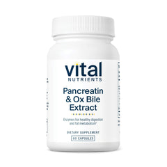 Vital Nutrients Pancreatin & Ox Bile 500mg bottle front for balanced digestion after meals