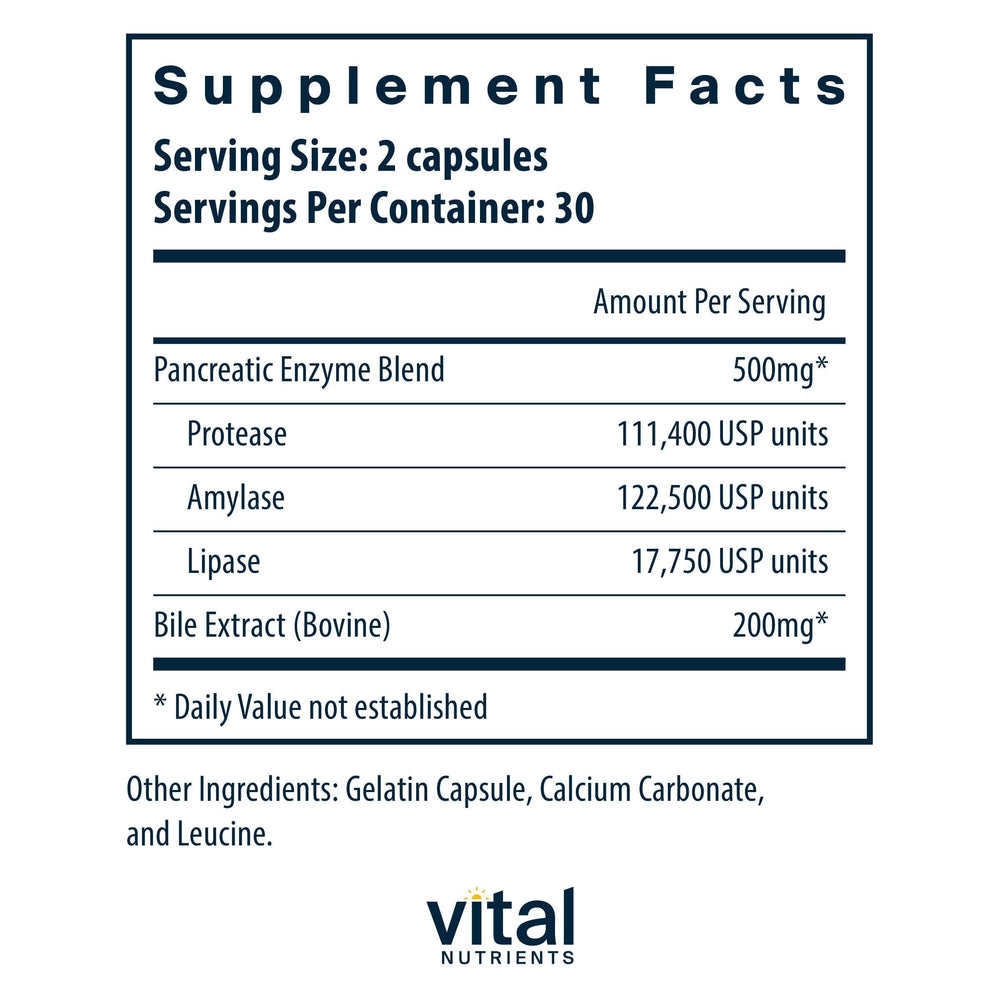 Vital Nutrients Pancreatin & Ox Bile 500mg label closeup highlighting a clean, hypoallergenic formula