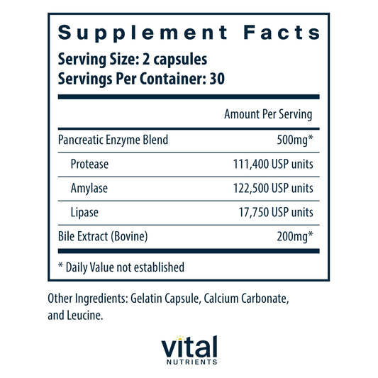Vital Nutrients Pancreatin & Ox Bile 500mg label closeup highlighting a clean, hypoallergenic formula