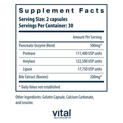 Vital Nutrients Pancreatin & Ox Bile 500mg label closeup highlighting a clean, hypoallergenic formula