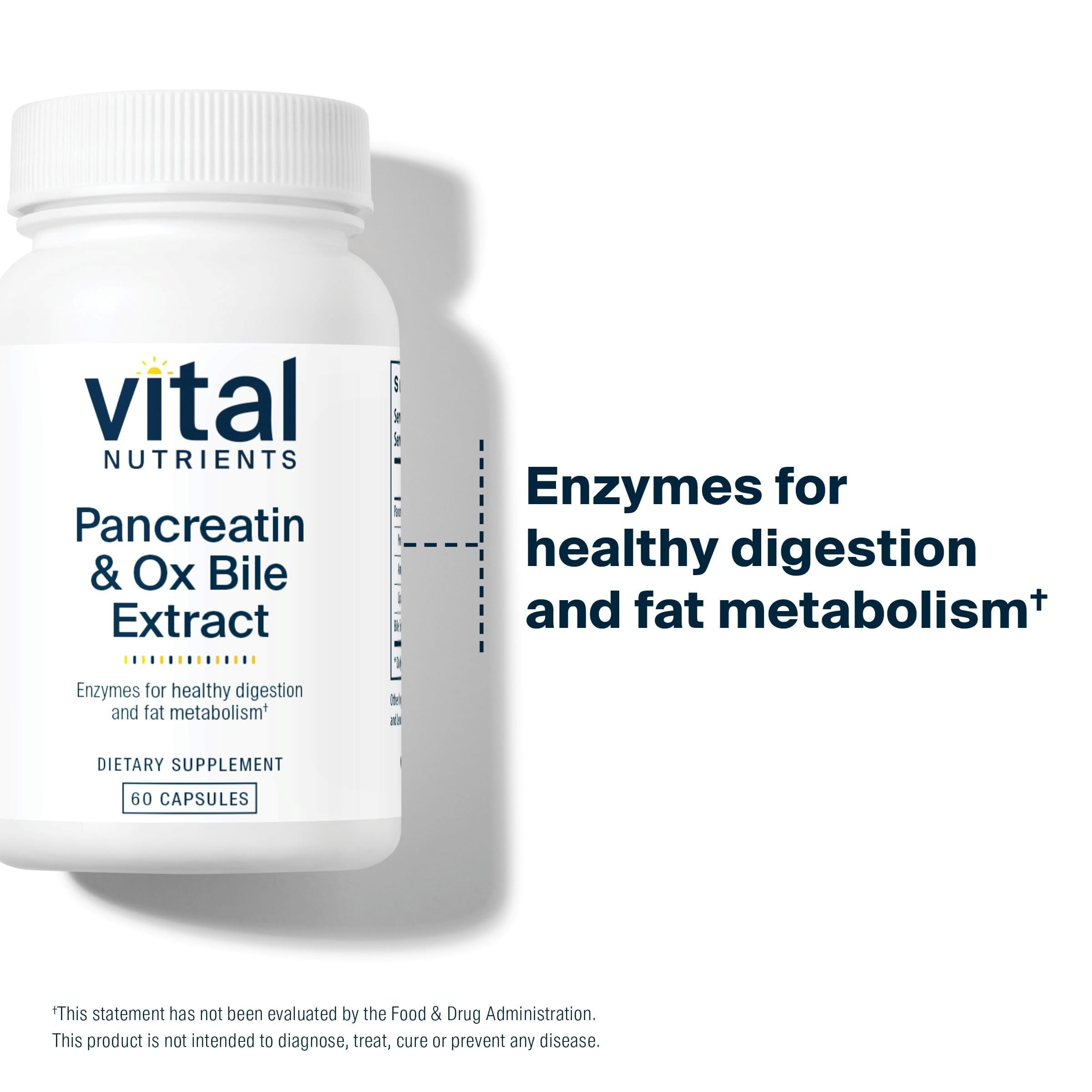 Vital Nutrients Pancreatin & Ox Bile 500mg capsules pour showing easy-to-swallow convenience