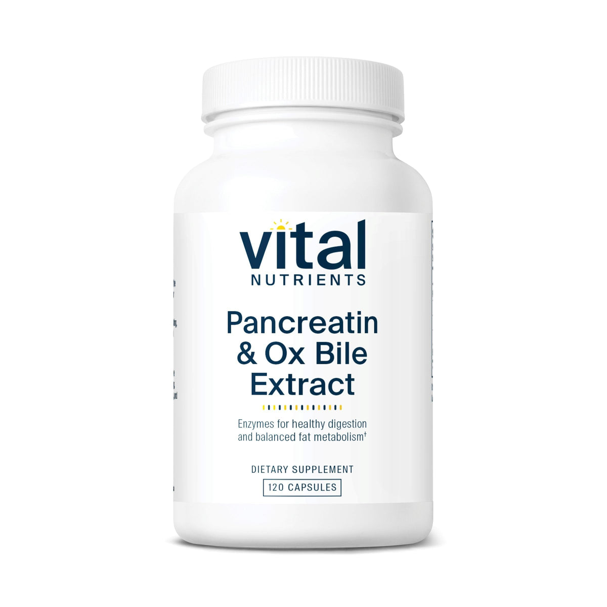 Vital Nutrients Pancreatin & Ox Bile capsules bottle cap supports digestion after meals.