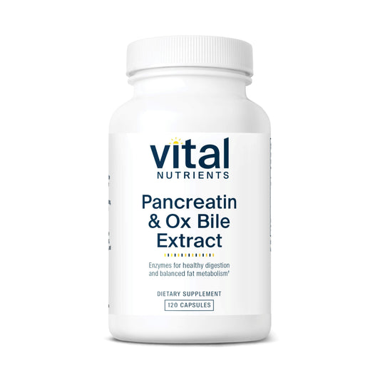Vital Nutrients Pancreatin & Ox Bile capsules bottle cap supports digestion after meals.