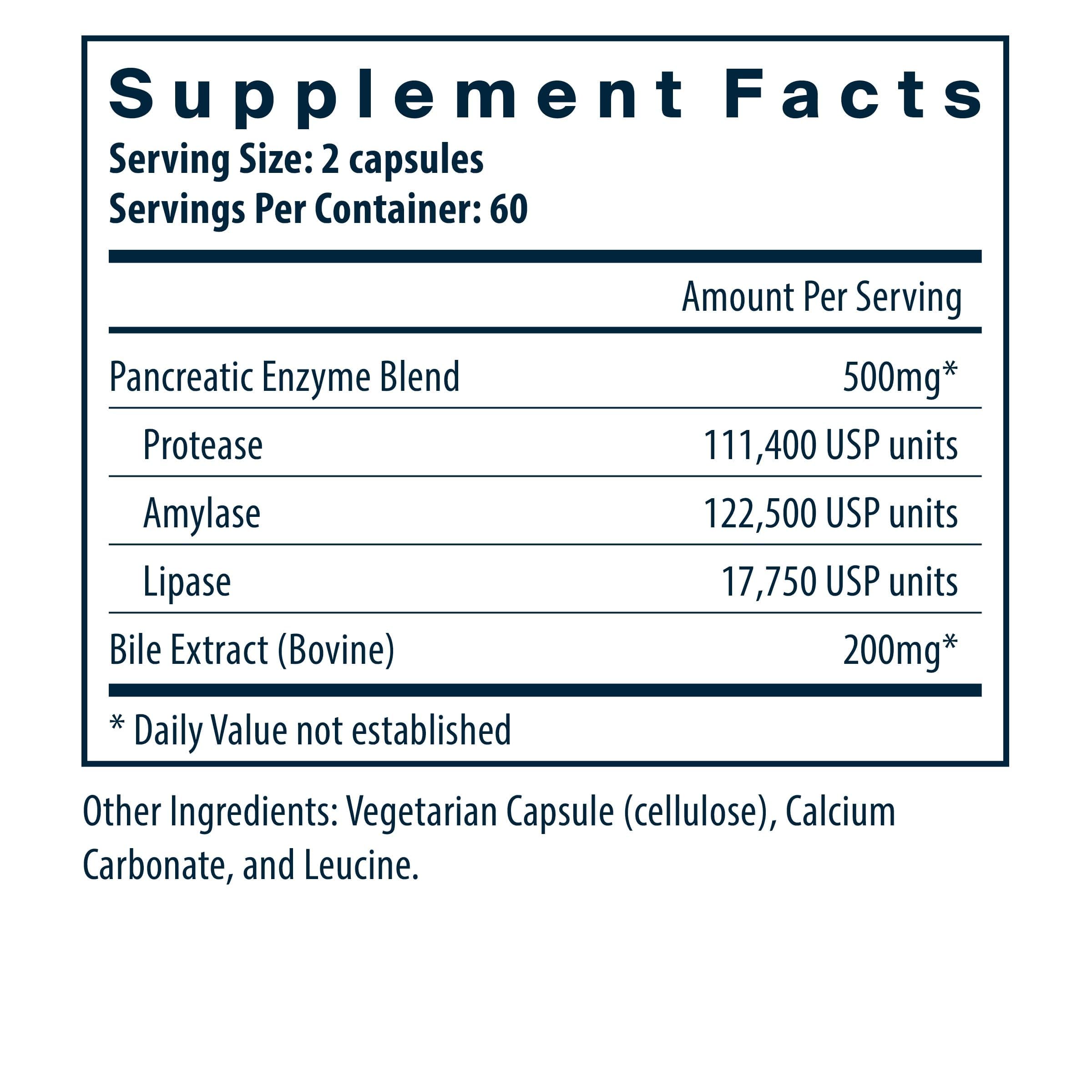 Vital Nutrients Pancreatin & Ox Bile capsules close-up highlights enzymes for fat and protein digestion.