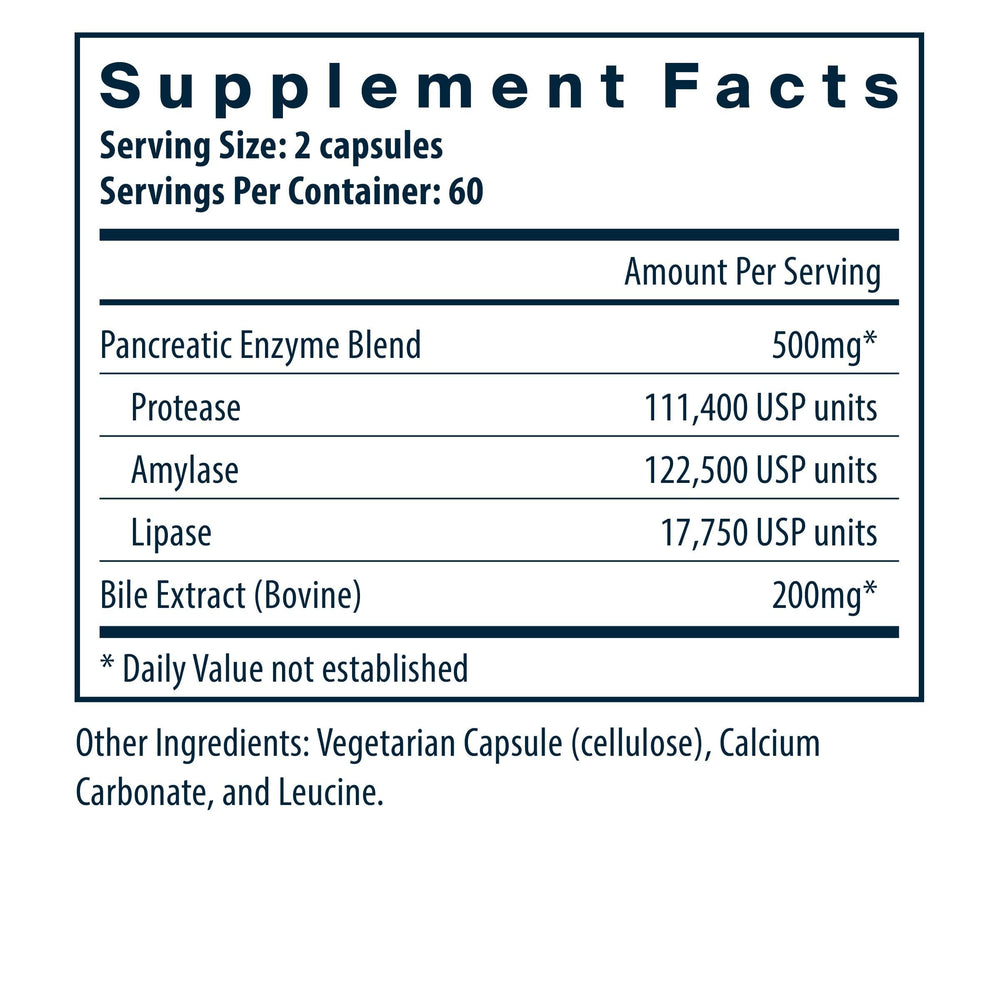 Vital Nutrients Pancreatin & Ox Bile capsules close-up highlights enzymes for fat and protein digestion.