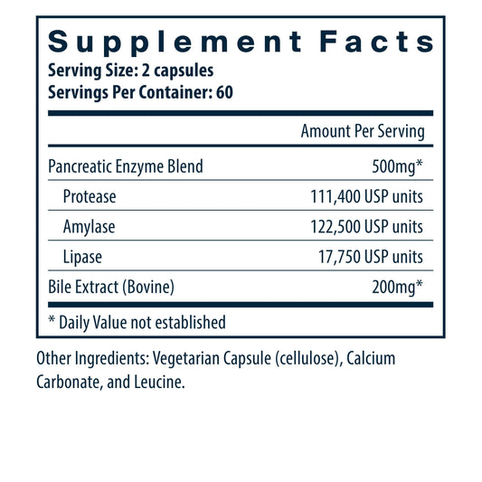 Vital Nutrients Pancreatin & Ox Bile capsules close-up highlights enzymes for fat and protein digestion.