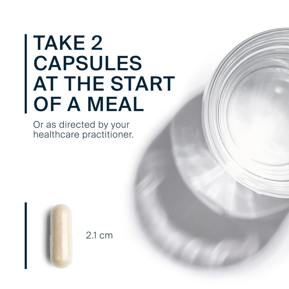 Vital Nutrients Pancreatin & Ox Bile on meal use shows capsule with meals.