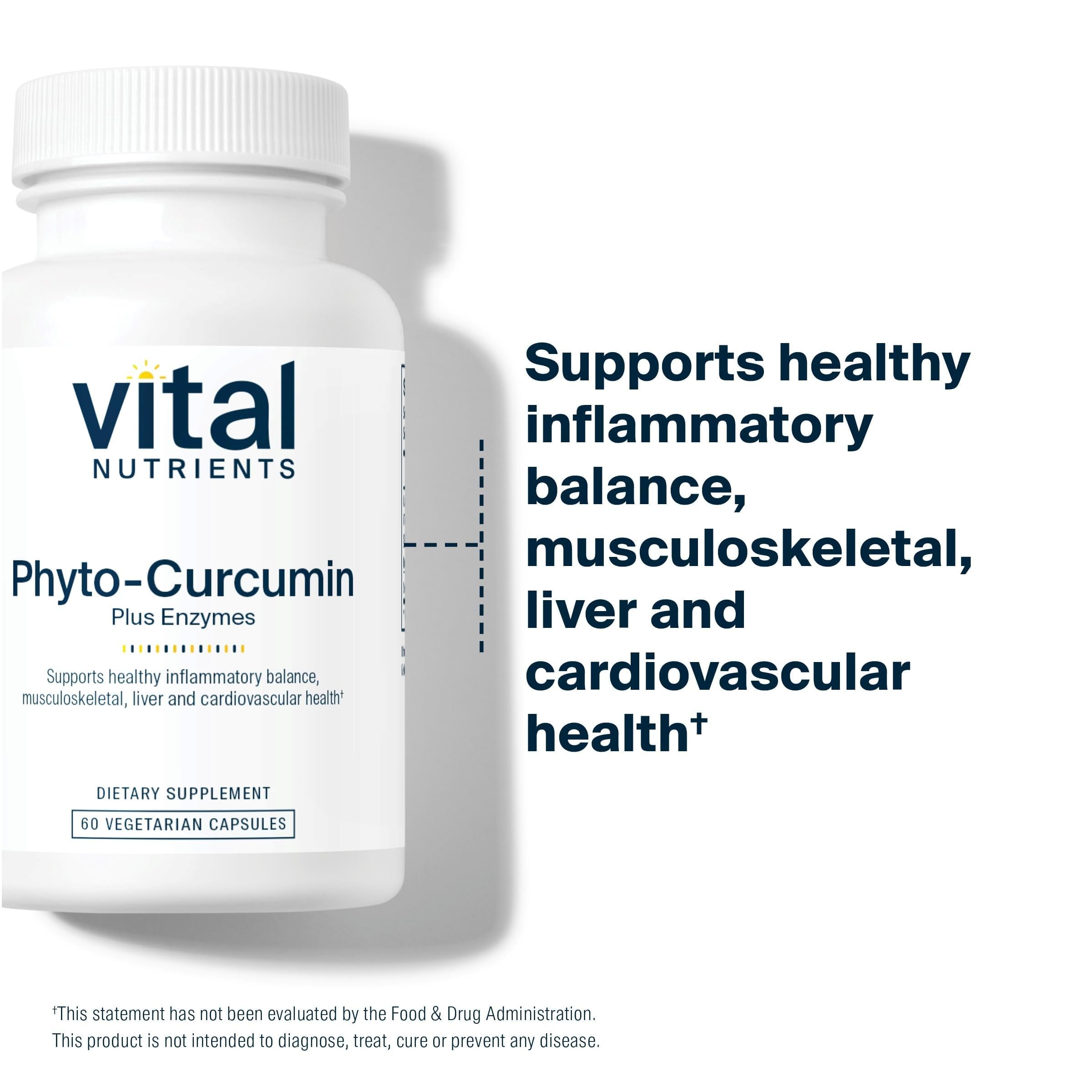 Vital Nutrients Phyto-Curcumin Plus Enzymes capsules closeup suggests a convenient daily supplement.