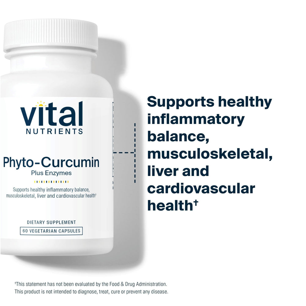 Vital Nutrients Phyto-Curcumin Plus Enzymes capsules closeup suggests a convenient daily supplement.