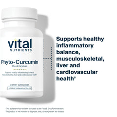 Vital Nutrients Phyto-Curcumin Plus Enzymes capsules closeup suggests a convenient daily supplement.