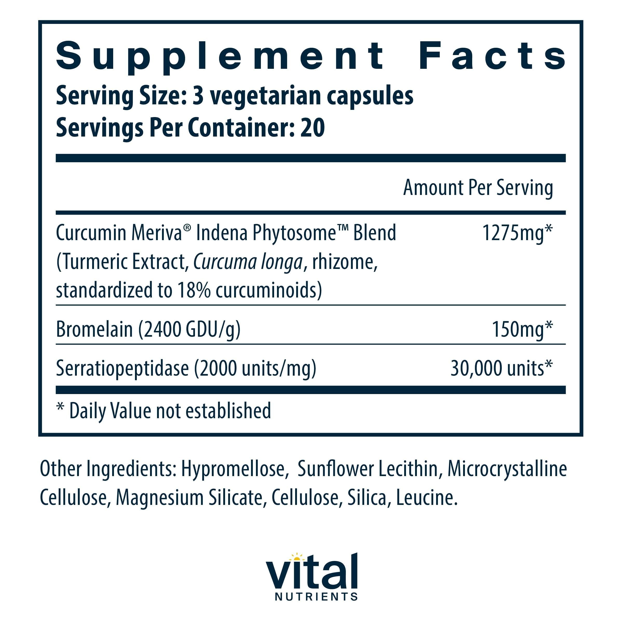 Vital Nutrients Phyto-Curcumin Plus Enzymes label closeup highlighting the phytosome blend for absorption.